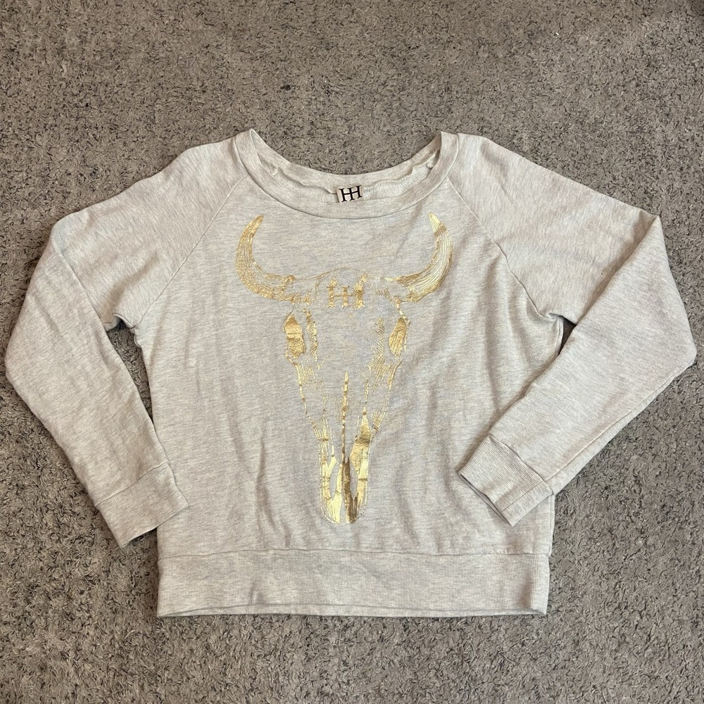 Haute Hippie Pullover Sweatshirt Longhorn Cow Skull Oatmeal Cream/Gold Size XS/S